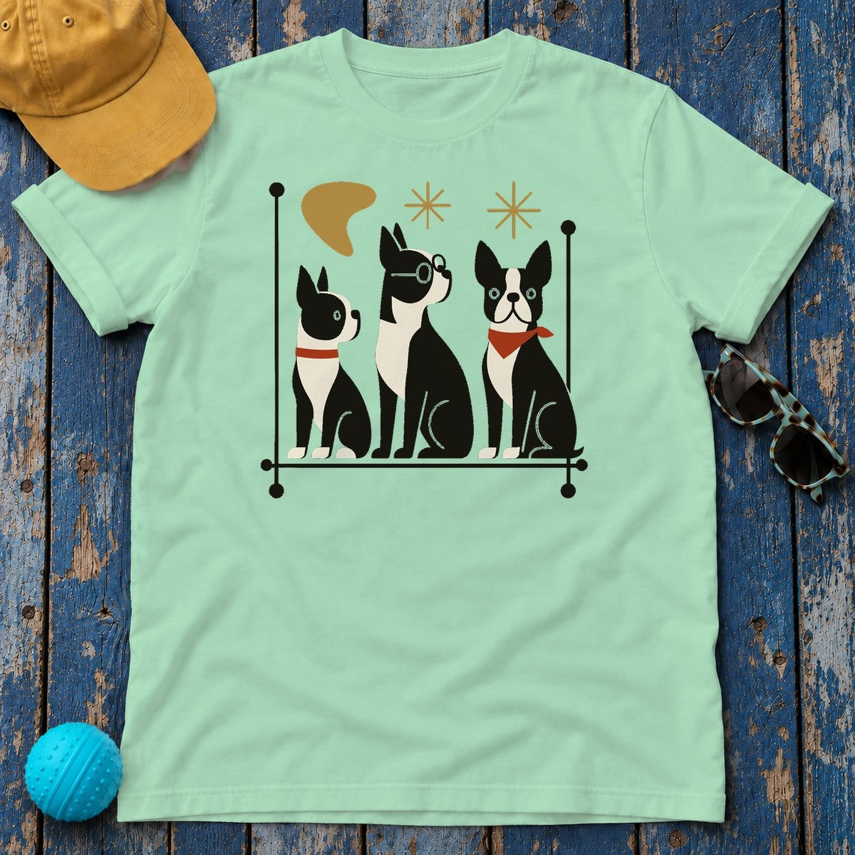 Mid-Century Modern Boston Terriers T-Shirt in Mint Green