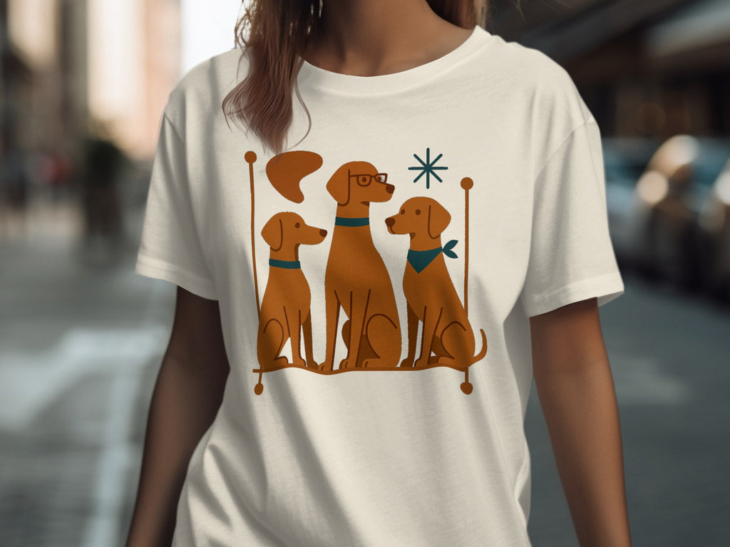 Three brown dogs with collars sit on a line, one wearing glasses.