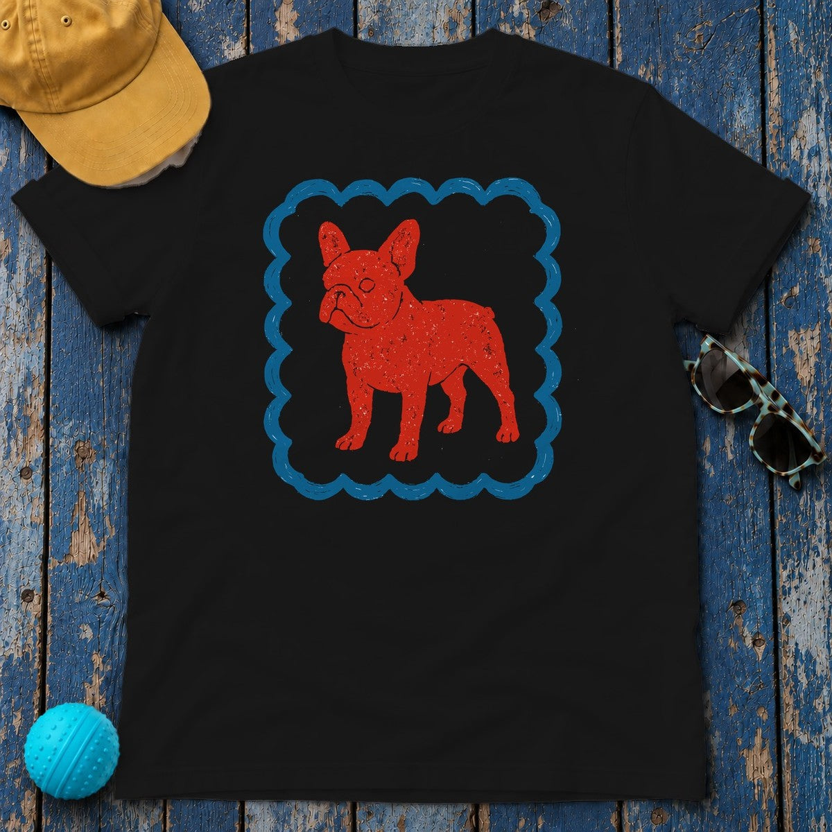 French Bulldog in Decorative Border Graphic Design T-Shirt in Black