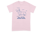 Corgi wearing a pink t-shirt with anatomical labels and "Built Low For Maximum Control."