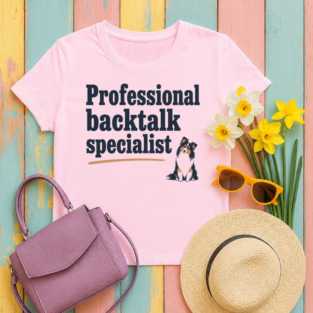Professional Backtalk Specialist Sheltie T-Shirt in Light Pink