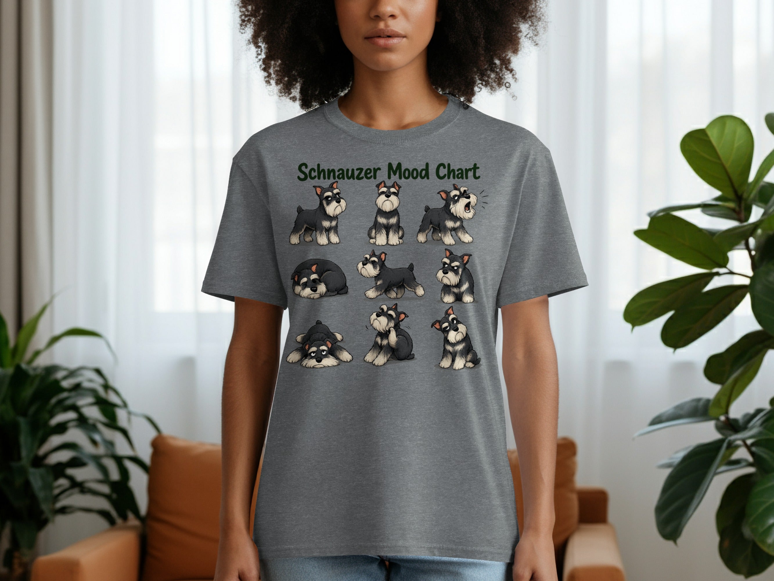Gray t-shirt with "Schnauzer Mood Chart" and illustrations of schnauzers in various poses.