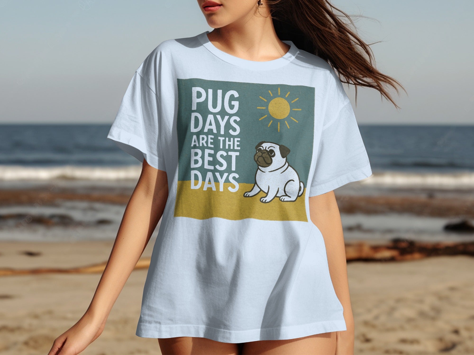 Light blue t-shirt with pug graphic and text "Pug Days Are The Best Days".