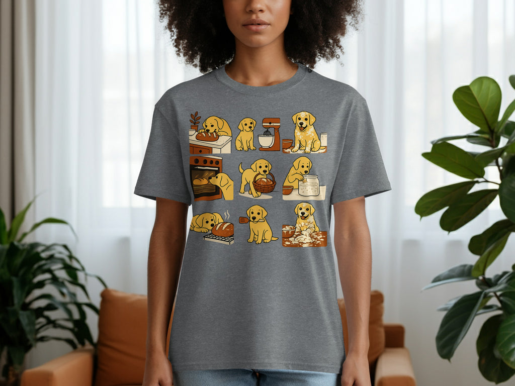T-shirt with a collage of cartoon golden retrievers baking and playing with bread.