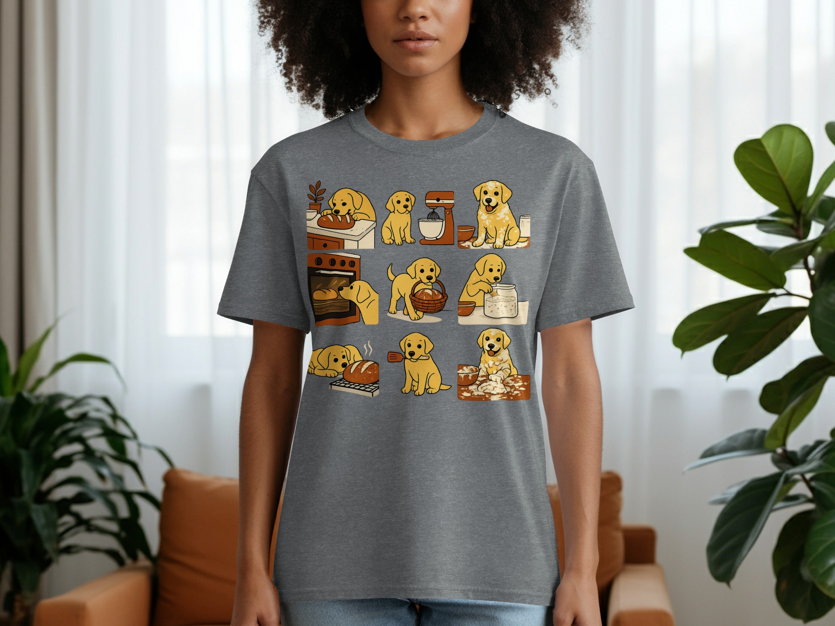 T-shirt with a collage of cartoon golden retrievers baking and playing with bread.