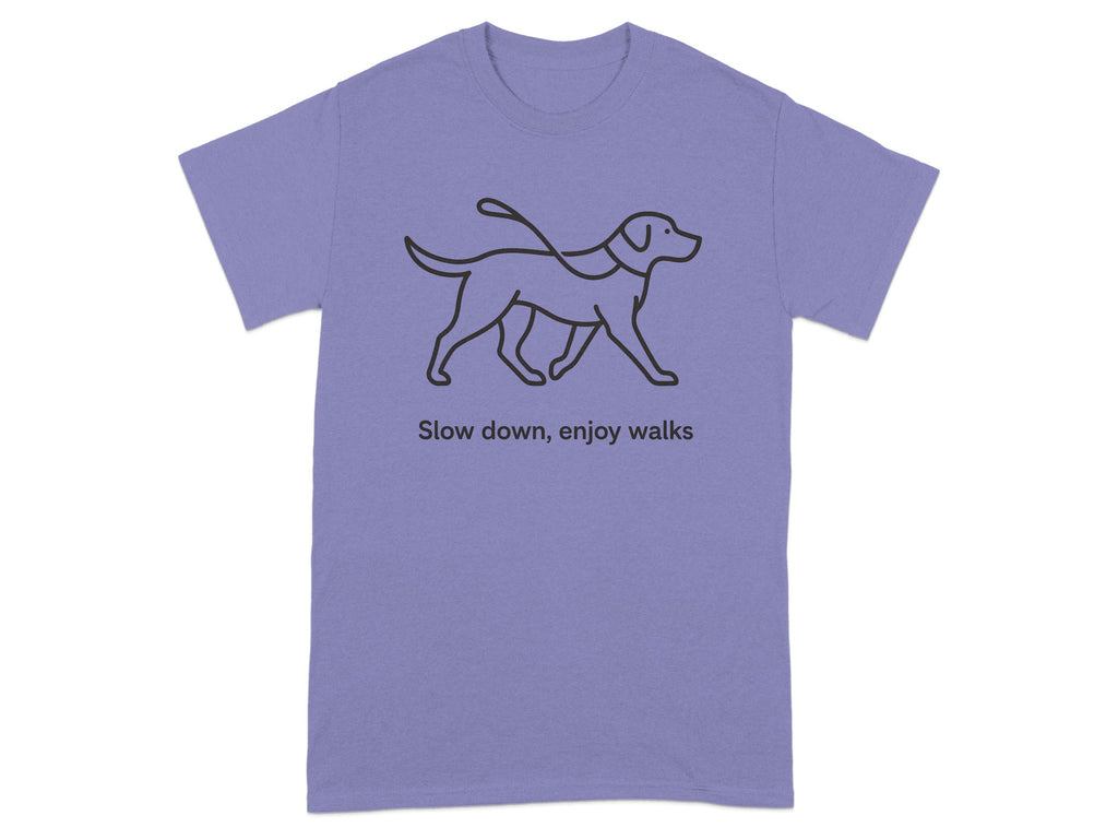 Purple t-shirt with black line drawing of a dog on a leash and text.