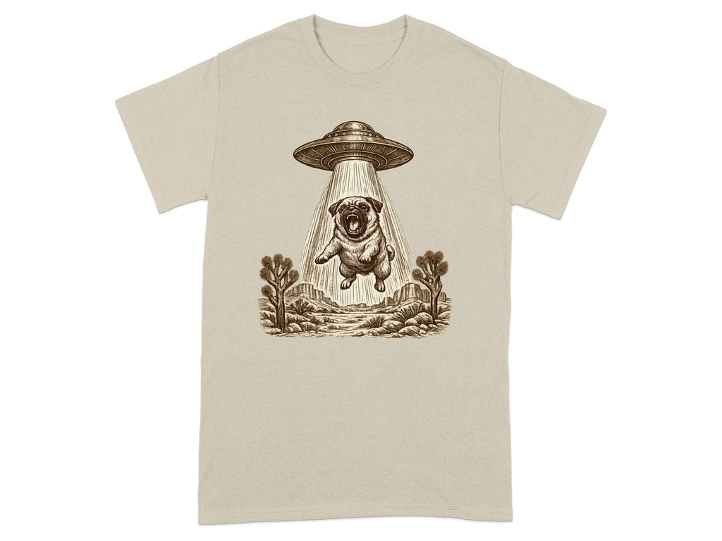 Pug being abducted by UFO in desert landscape.