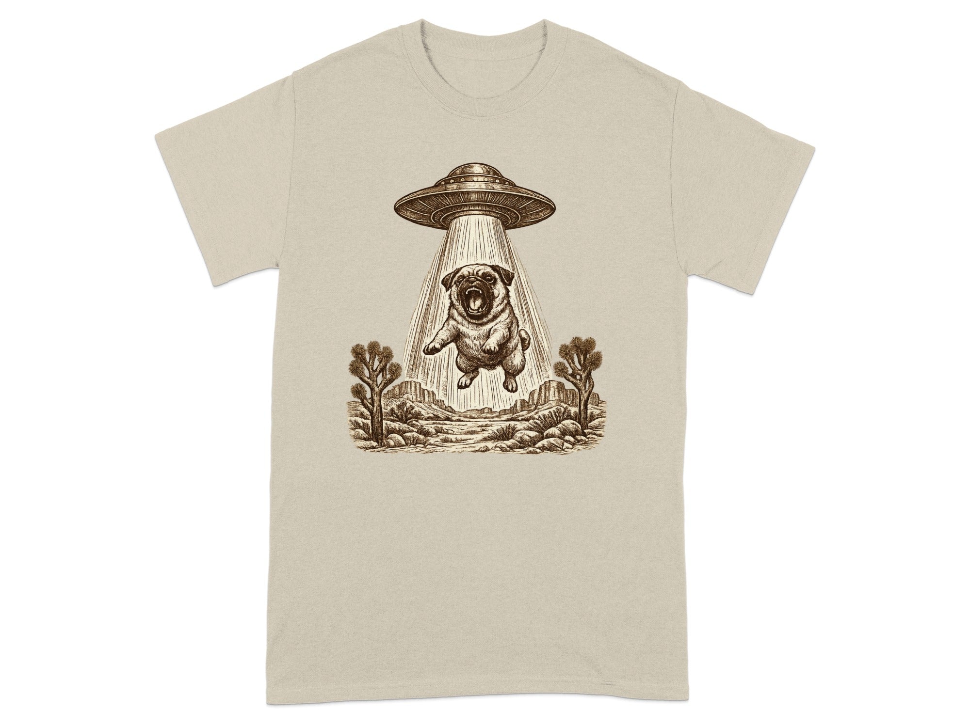 Pug being abducted by UFO in desert landscape.