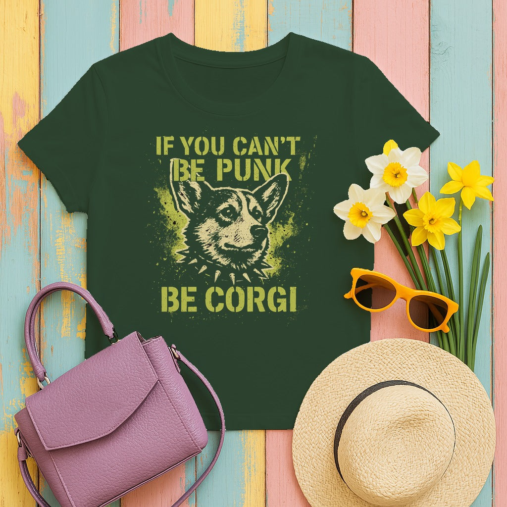 If You Can't Be Punk Be Corgi Art Design T-Shirt in Forest Green