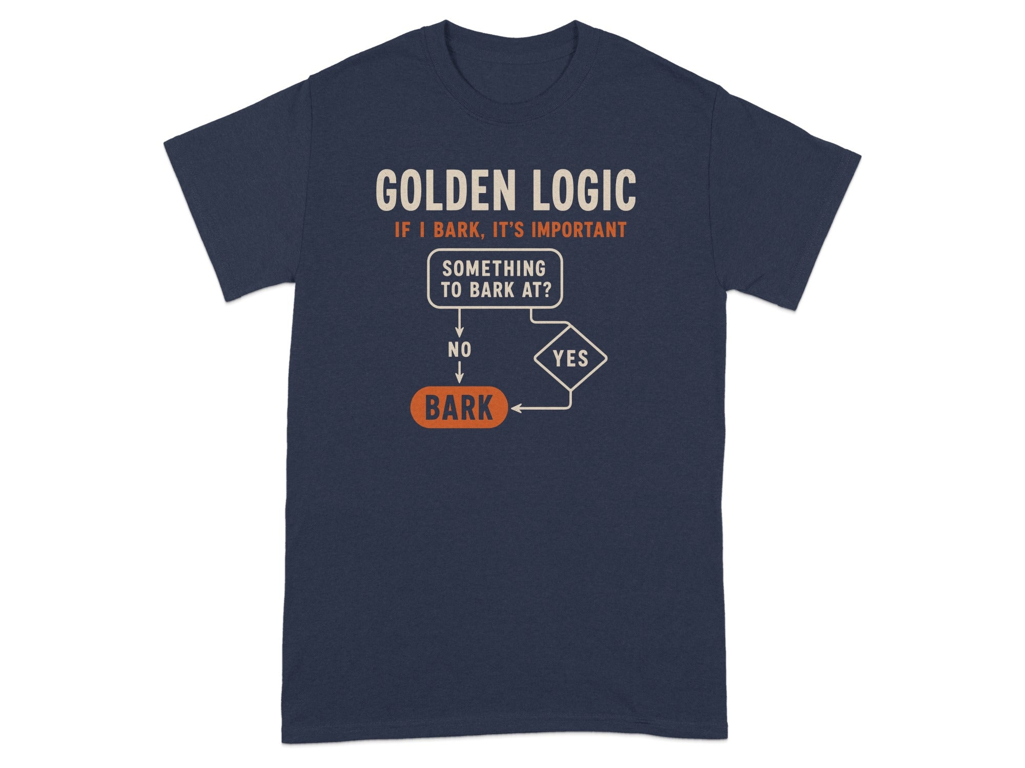 Navy t-shirt with "Golden Logic" flowchart about barking.