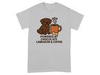 T-shirt with chocolate labrador, coffee, and text "POWERED BY CHOCOLATE LABRADOR & COFFEE."