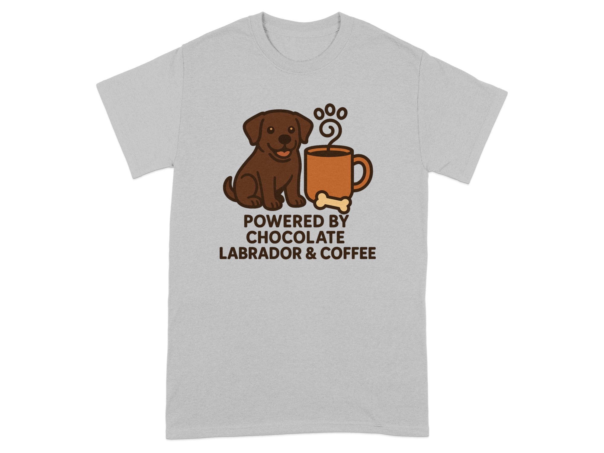 T-shirt with chocolate labrador, coffee, and text "POWERED BY CHOCOLATE LABRADOR & COFFEE."