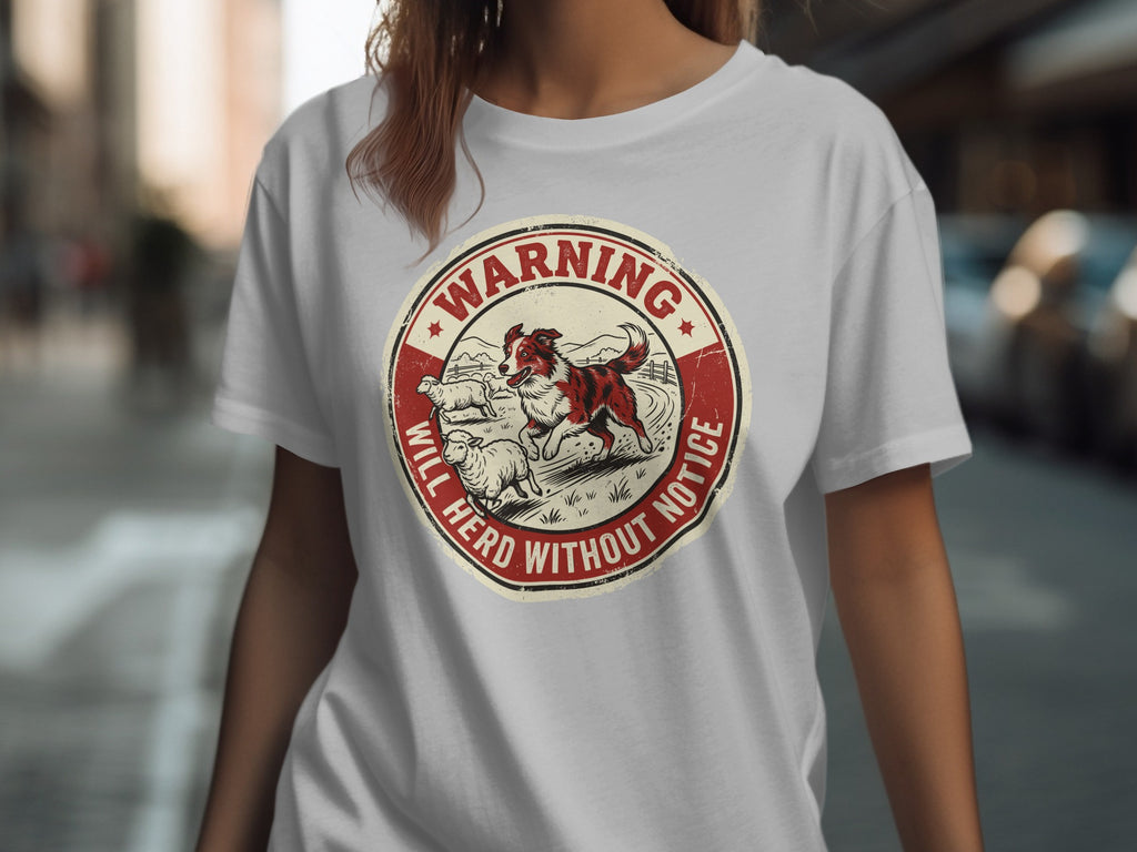 Circular "Warning" logo with dog herding sheep.