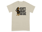 Beige t-shirt with a dog and text: BEAUTY. BRAVE. BIRD SENSE.