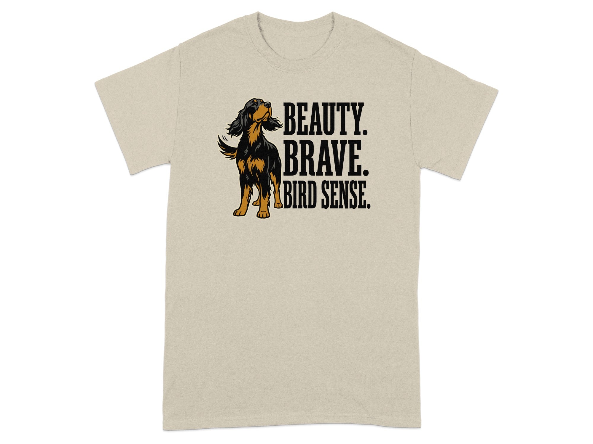 Beige t-shirt with a dog and text: BEAUTY. BRAVE. BIRD SENSE.