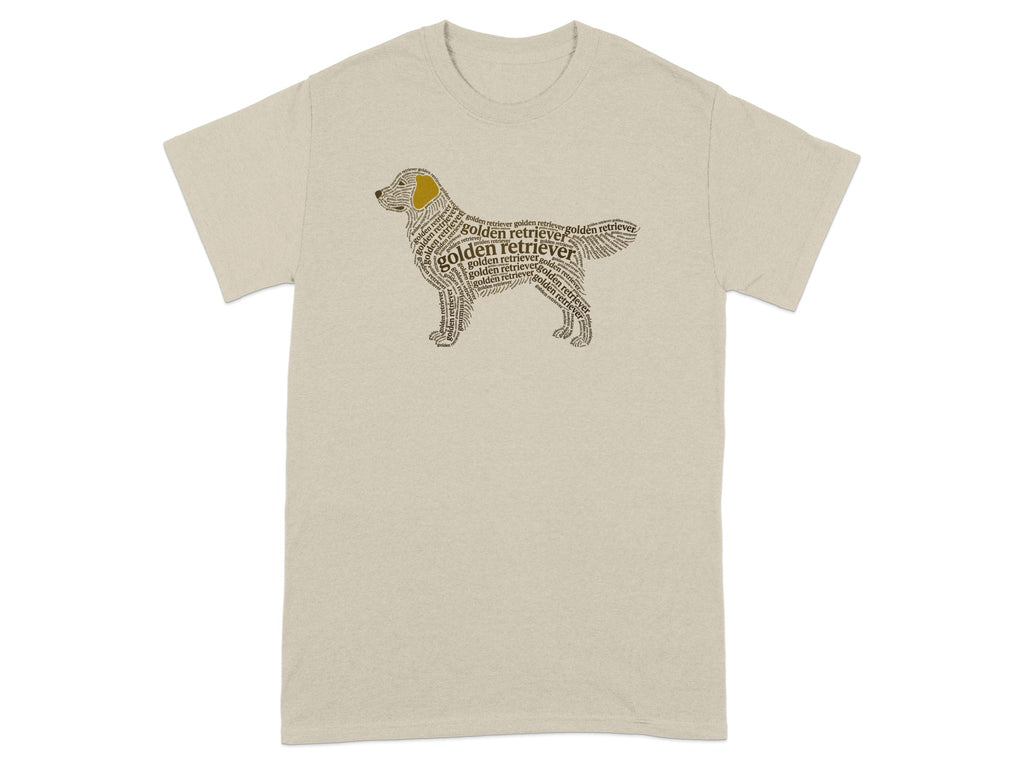 T-shirt with a golden retriever silhouette made of repeated "golden retriever" text.