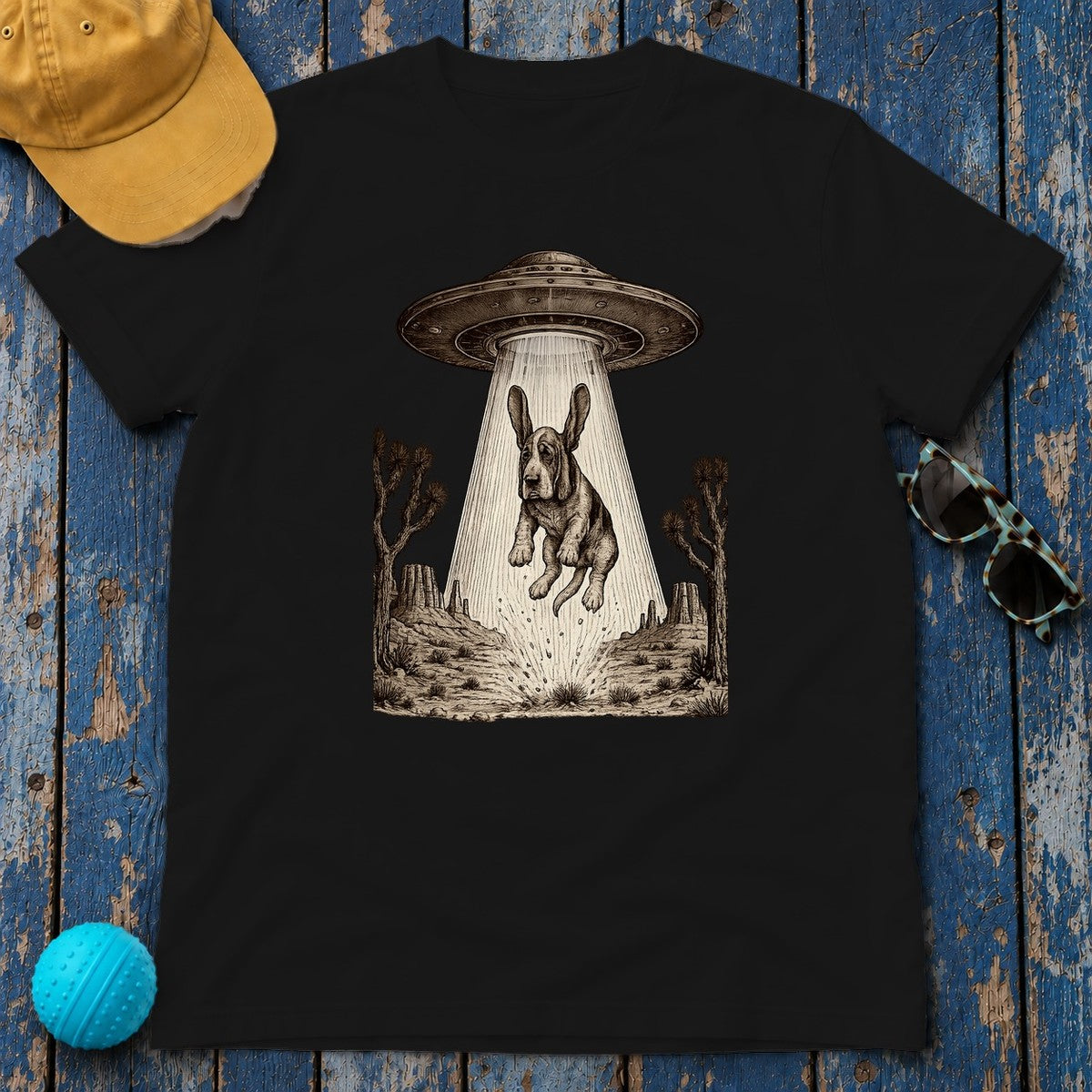 Chill Basset Hound Woodcut Art T-Shirt in Black