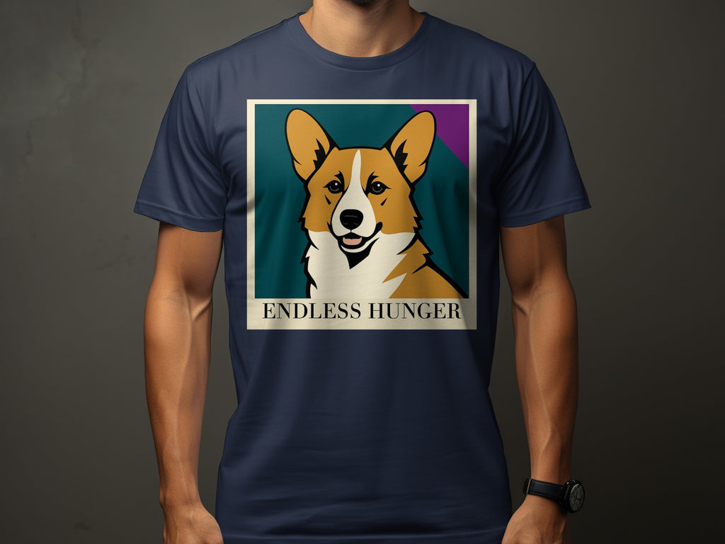 Navy t-shirt with a framed illustration of a corgi dog and the text "ENDLESS HUNGER."