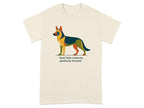 Cream t-shirt with stylized German Shepherd art and text: "feral little creature, perfectly formed".