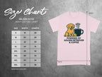 Gildan 5000 t-shirt size chart with a golden retriever and coffee graphic.