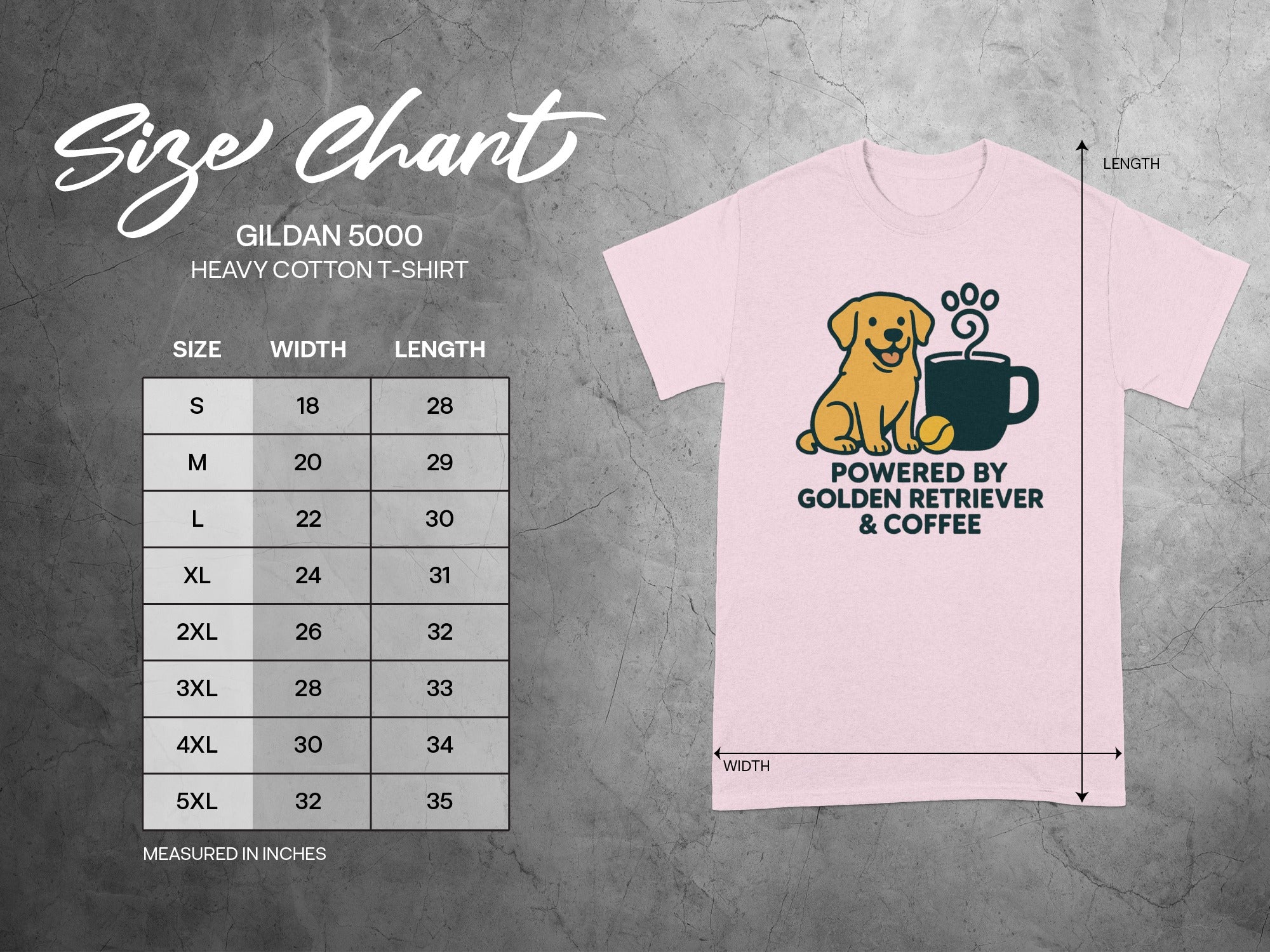 Gildan 5000 t-shirt size chart with a golden retriever and coffee graphic.