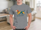 Gray t-shirt with colorful abstract dachshund graphic and text.