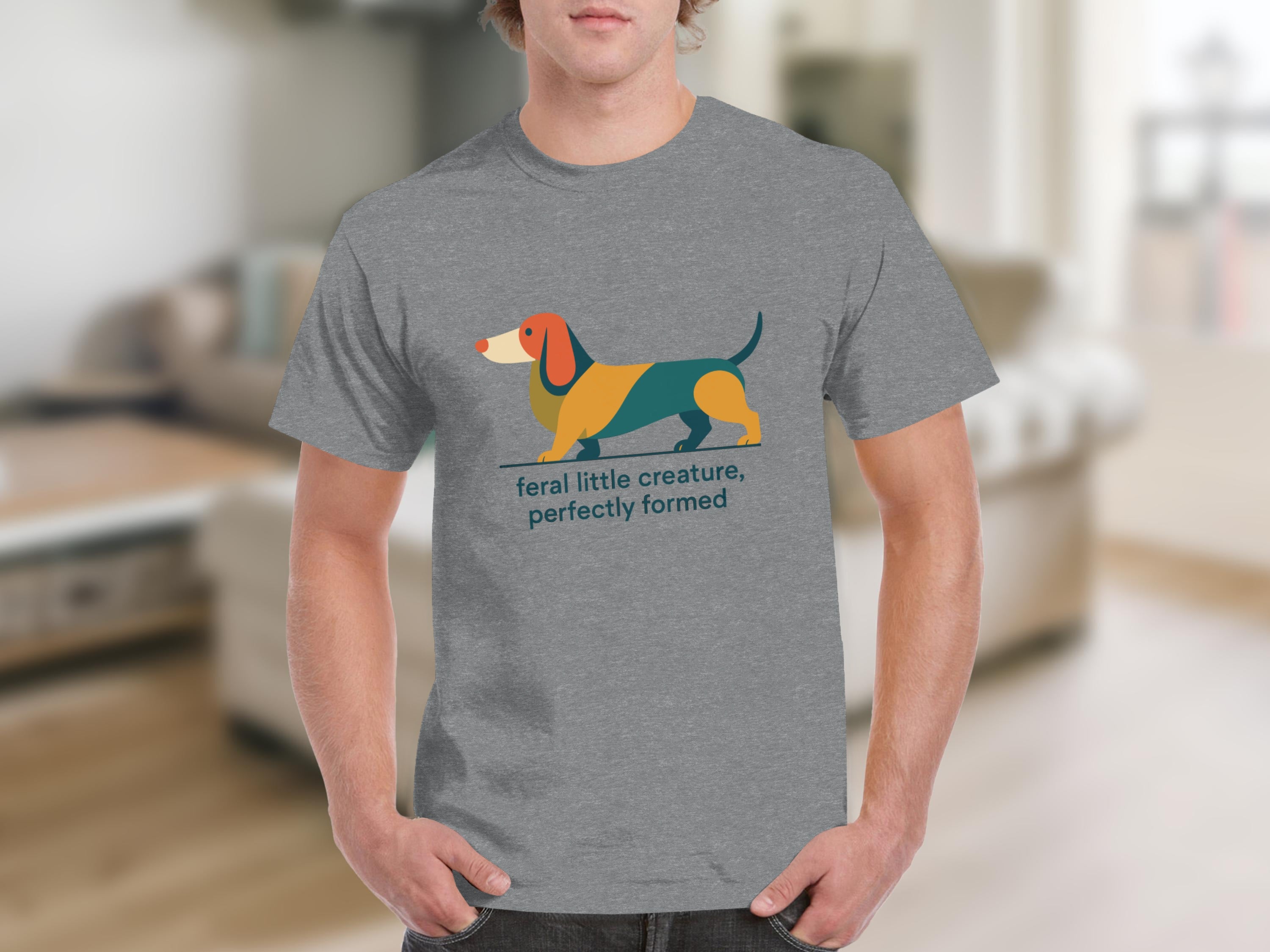 Gray t-shirt with colorful abstract dachshund graphic and text.