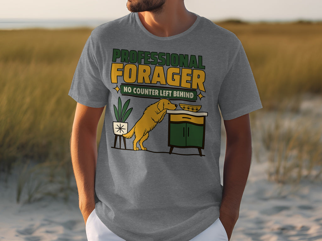 Grey t-shirt with "PROFESSIONAL FORAGER NO COUNTER LEFT BEHIND" and dog graphic.