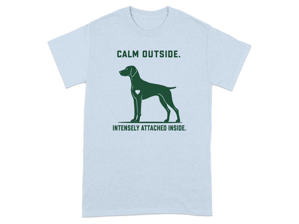 Light blue t-shirt with a silhouette of a dog and text.