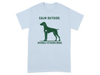 Light blue t-shirt with a silhouette of a dog and text.
