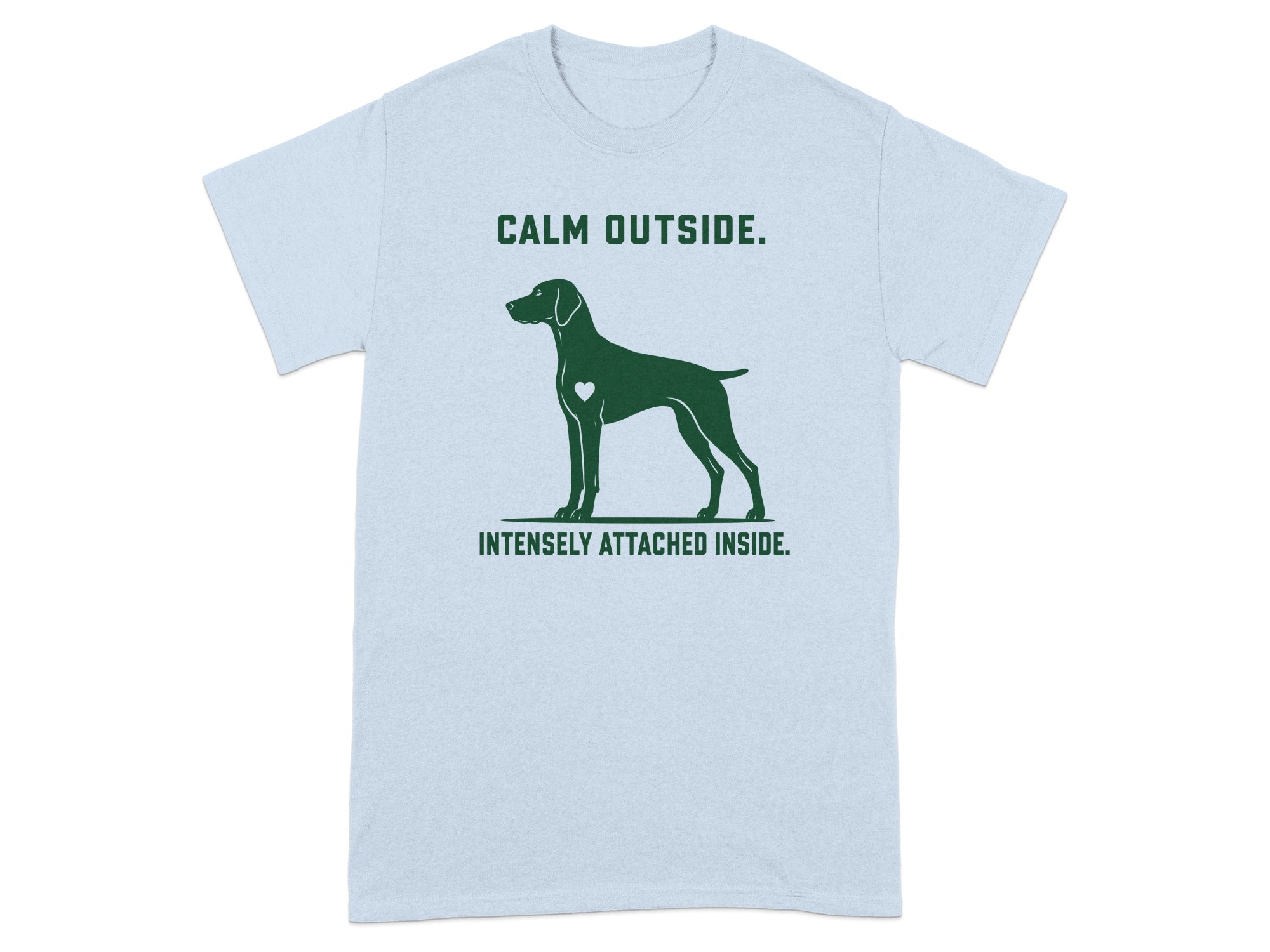 Light blue t-shirt with a silhouette of a dog and text.
