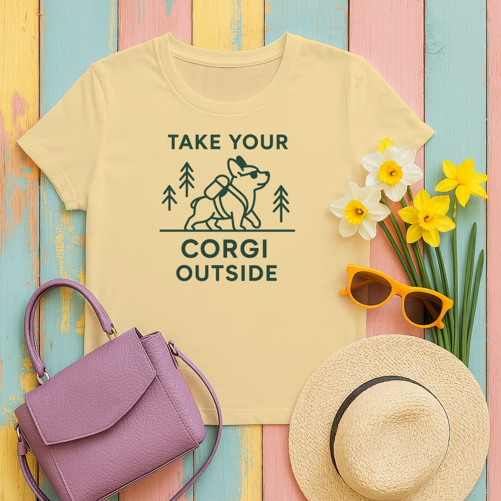 Take Your Corgi Outside Hiking Adventure Dog T-Shirt in Yellow Haze