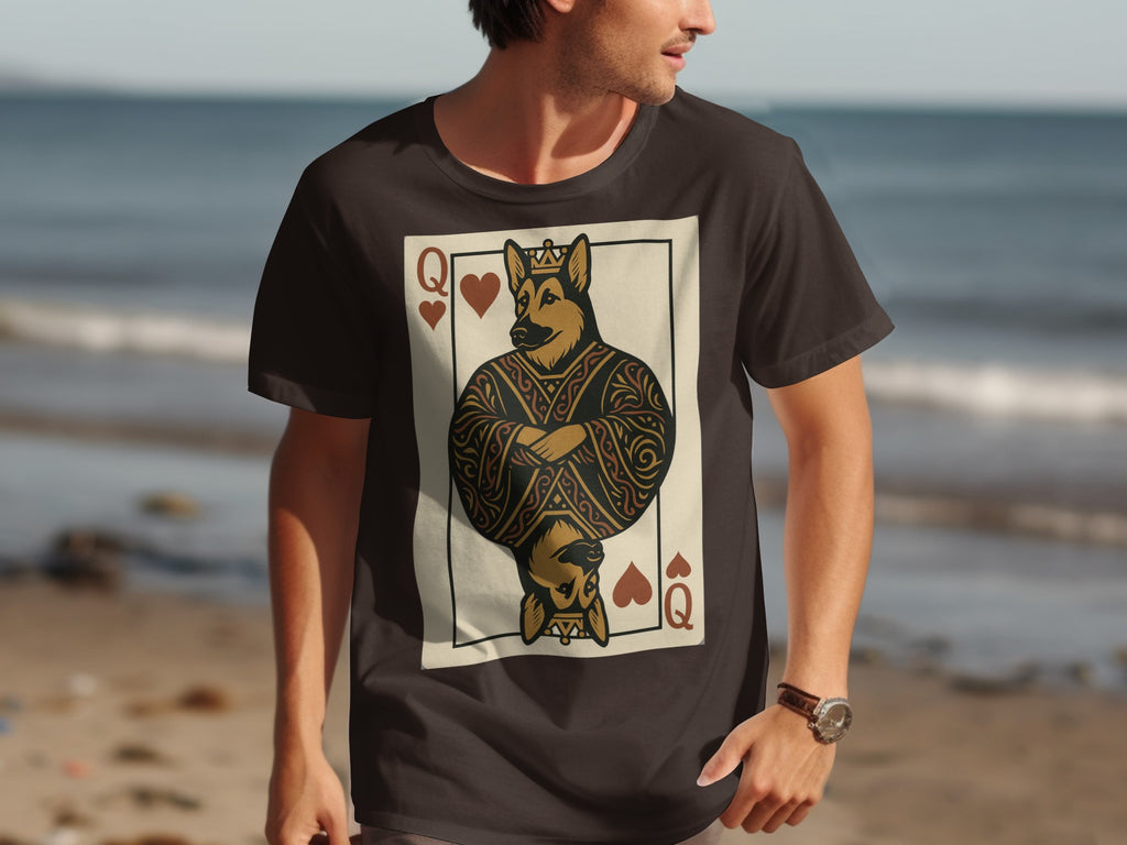 German Shepherd dog depicted as the Queen of Hearts playing card on a dark t-shirt.