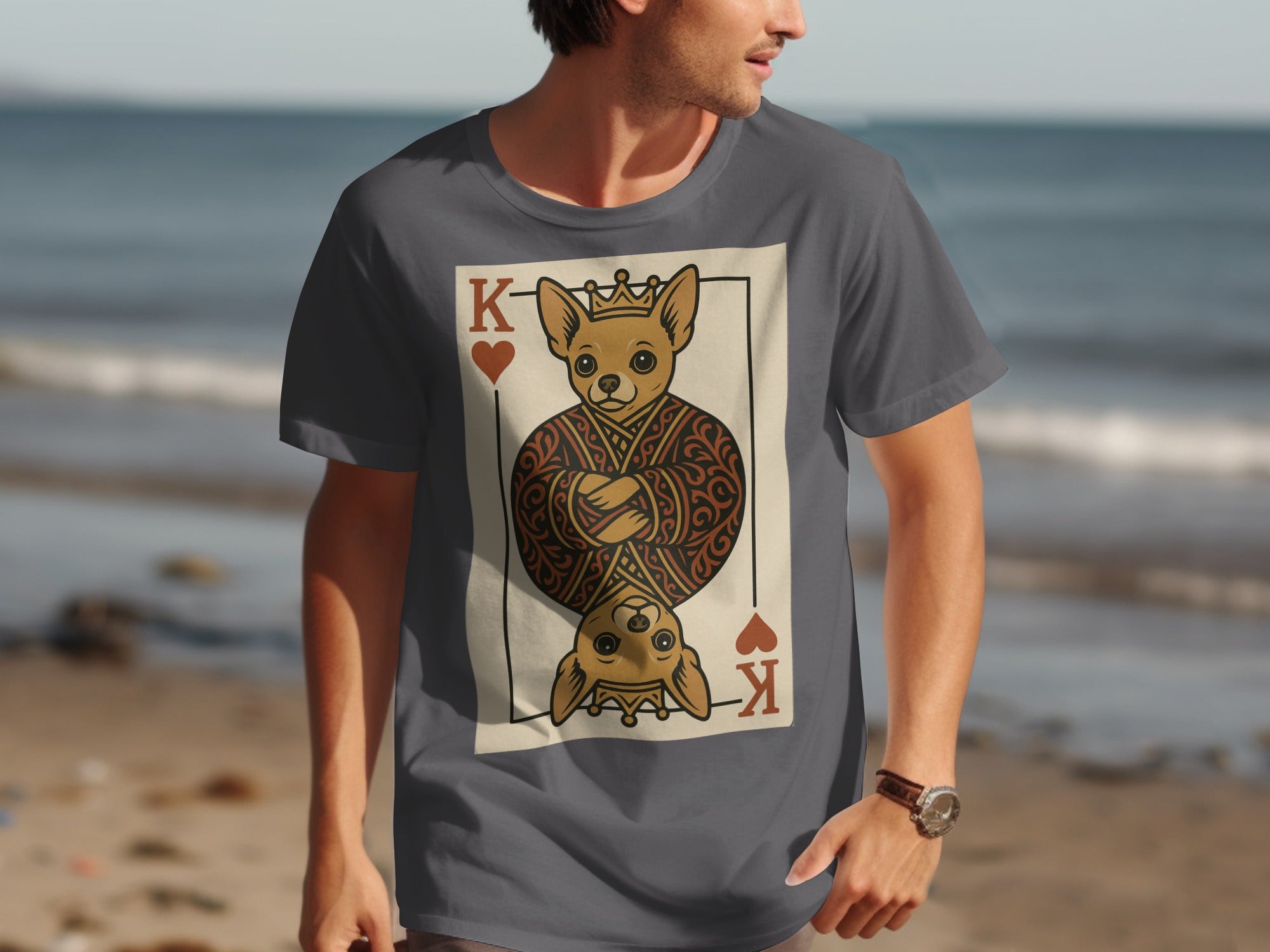 T-shirt with a dog depicted as the King of Hearts playing card.