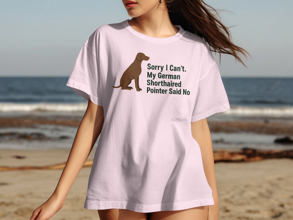 Pink t-shirt with brown German Shorthaired Pointer graphic and text.