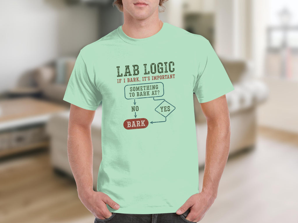 Light green t-shirt with "Lab Logic" flowchart about barking.