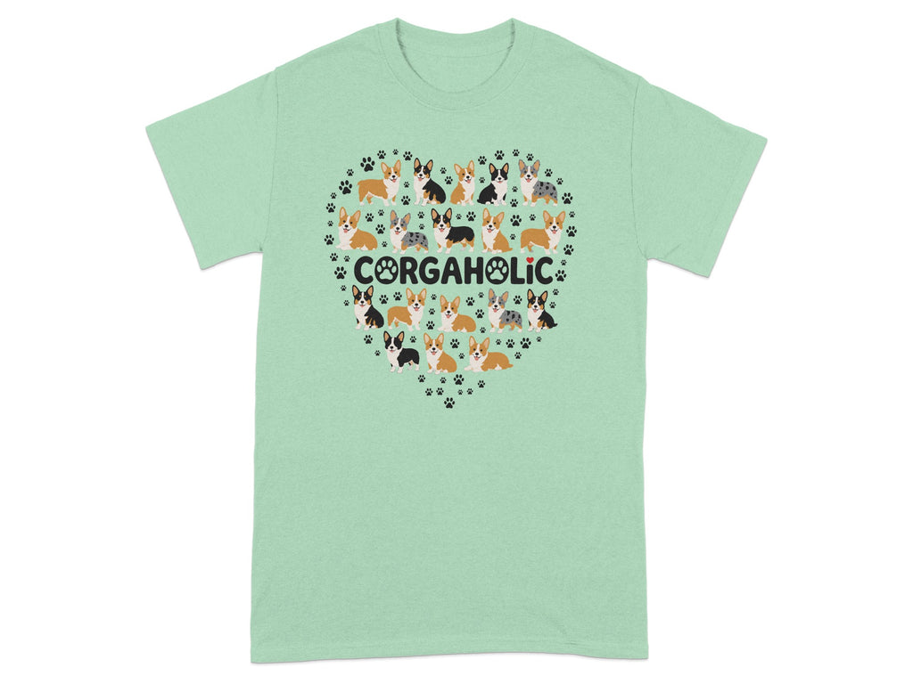 Mint green t-shirt with a heart-shaped pattern of corgis and paw prints.