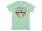 Mint green t-shirt with a heart-shaped pattern of corgis and paw prints.