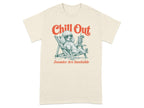Cream t-shirt with dog in lounge chair, sunglasses, and drink. "Chill Out" and "Zoomies Are Inevitable".