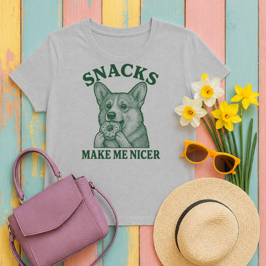 Snacks Make Me Nicer Corgi with Donut Graphic T-Shirt in Sport Grey