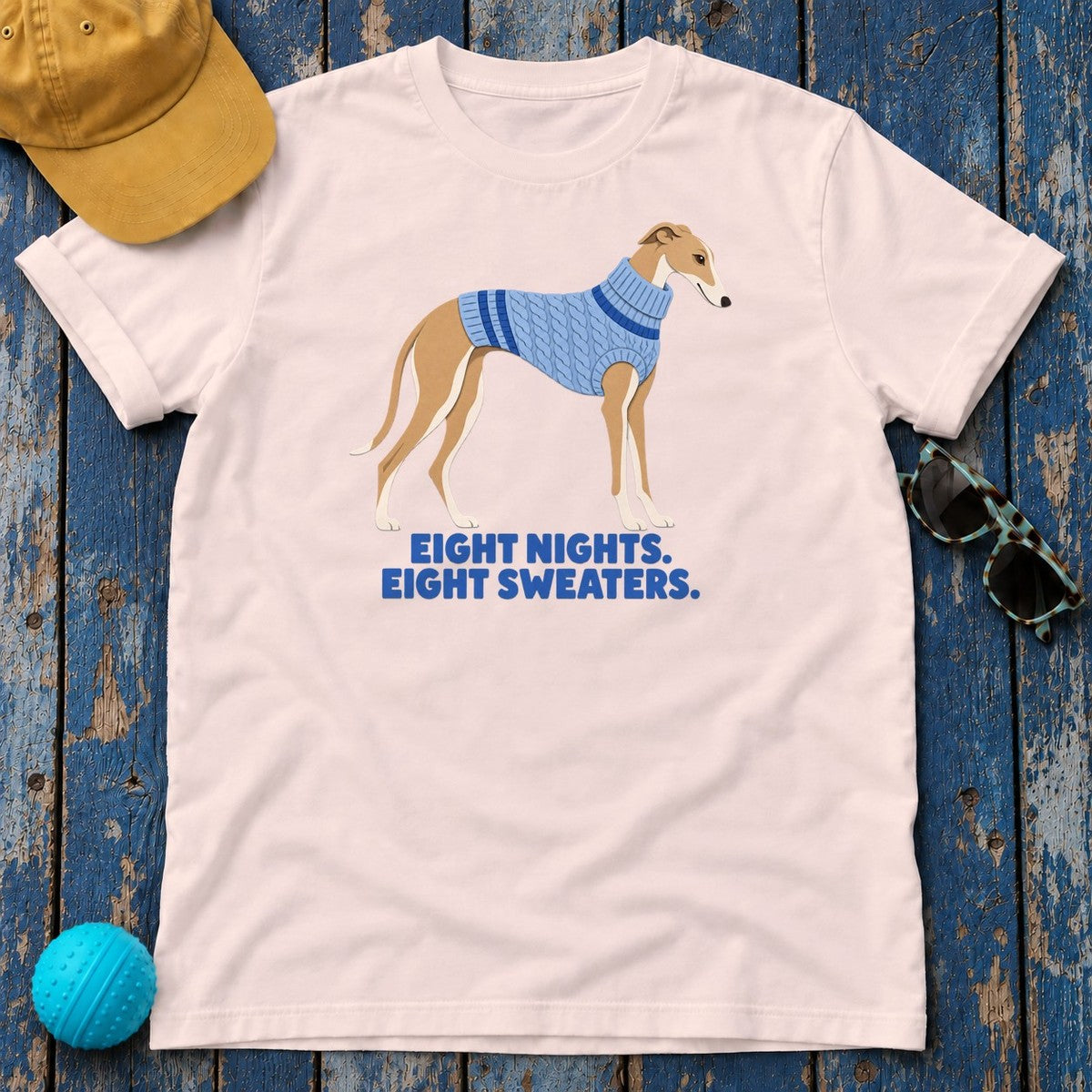 Eight Nights Eight Sweaters Blue Sweater Greyhound T-Shirt in Soft Pink - flat lay