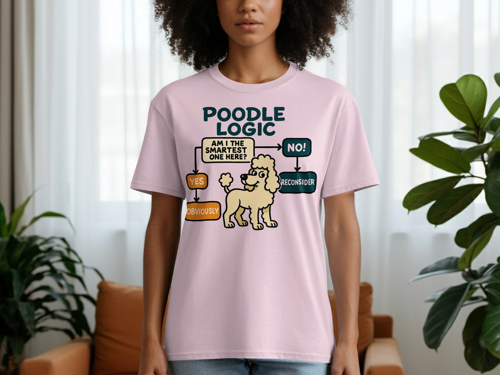 Pink t-shirt with "Poodle Logic" slogan and a flowchart featuring a poodle.