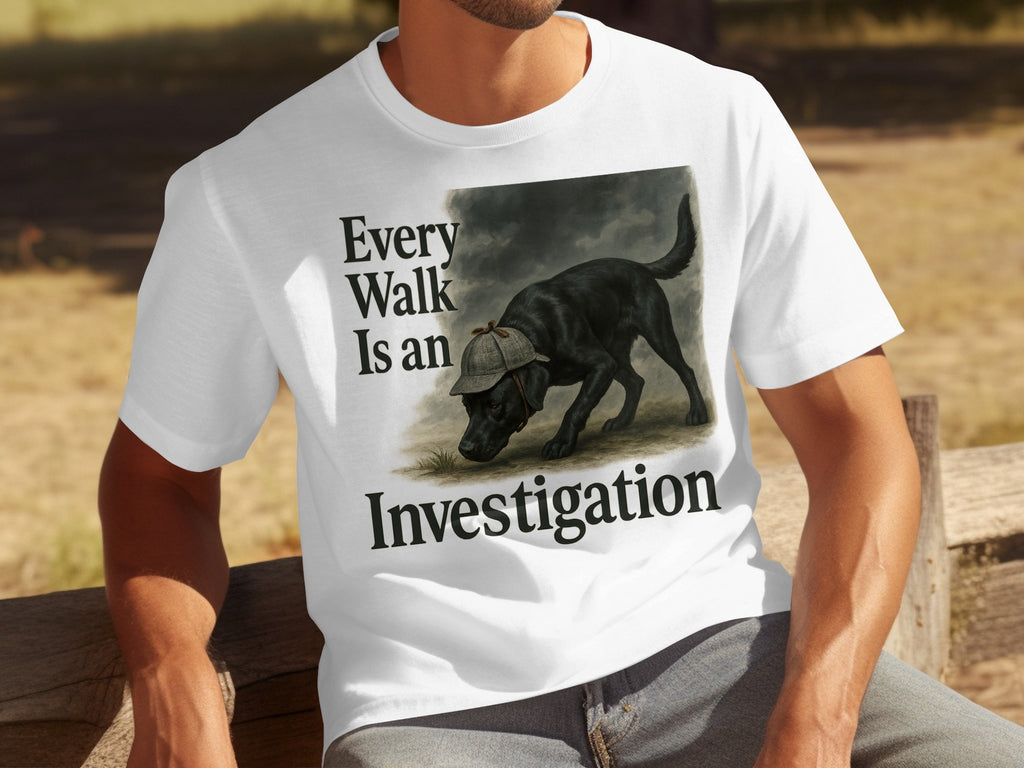 White t-shirt with black text and a black dog wearing a hat.