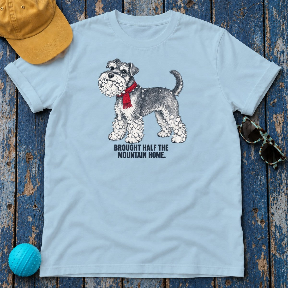 Brought Half the Mountain Home Schnauzer T-Shirt in Light Blue - flat lay