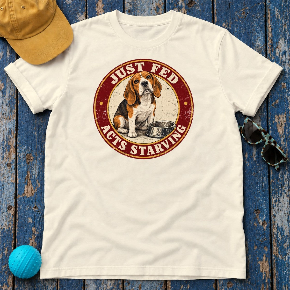 Just Fed Acts Starving Beagle T-Shirt in Natural - flat lay