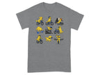 Cartoon dogs bike and race across this graphic print on a grey t-shirt.