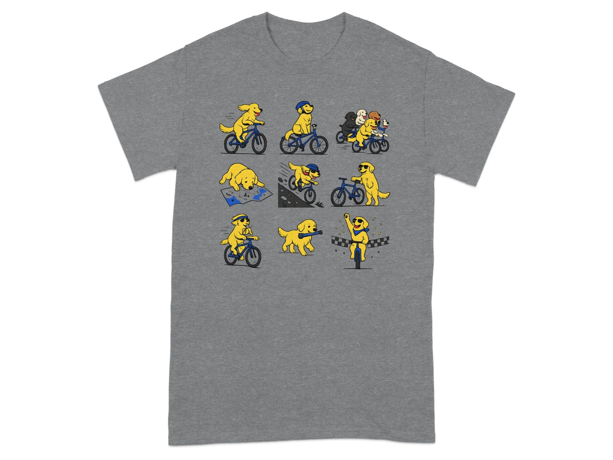 Cartoon dogs bike and race across this graphic print on a grey t-shirt.