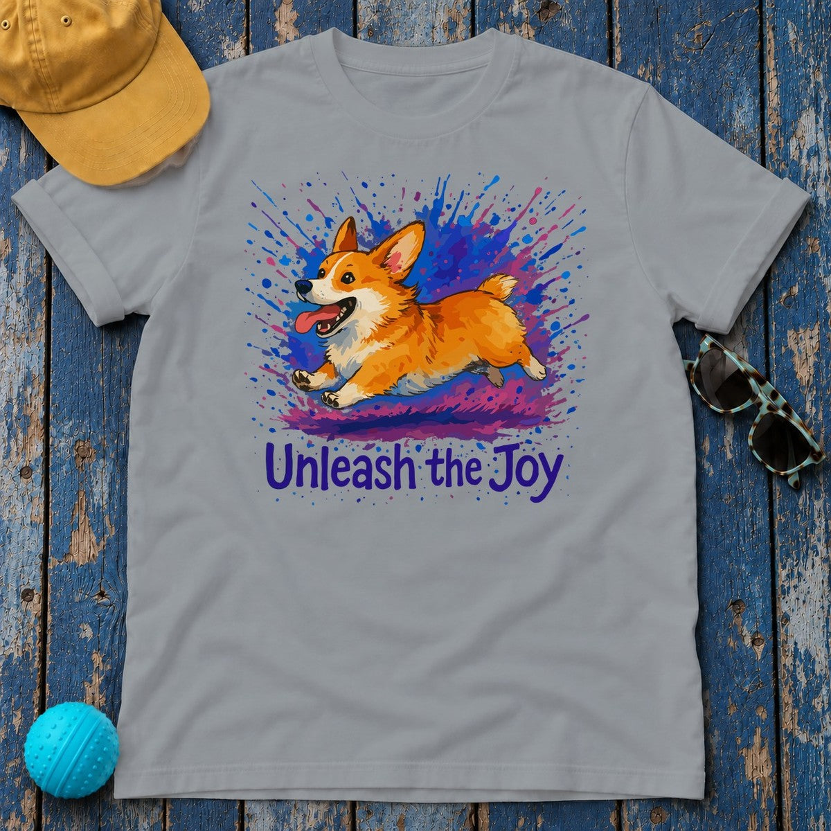Joyful Corgi Splash Art T-Shirt in Gravel
