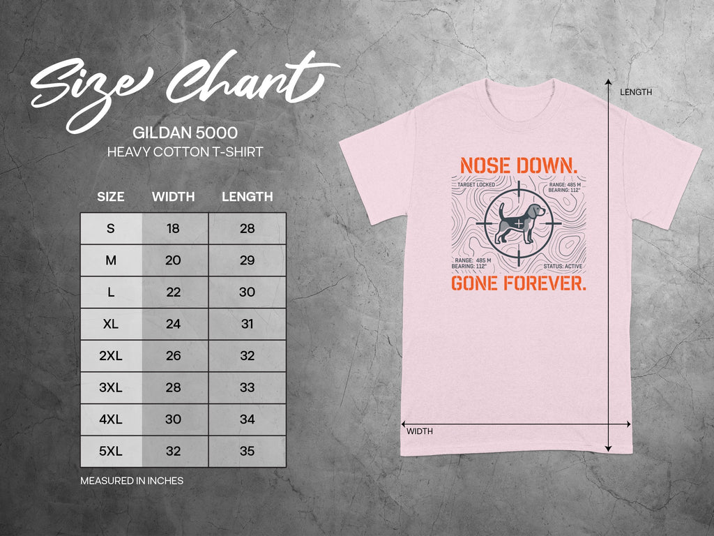 Gildan 5000 Heavy Cotton T-shirt size chart with a graphic of a dog tracking.