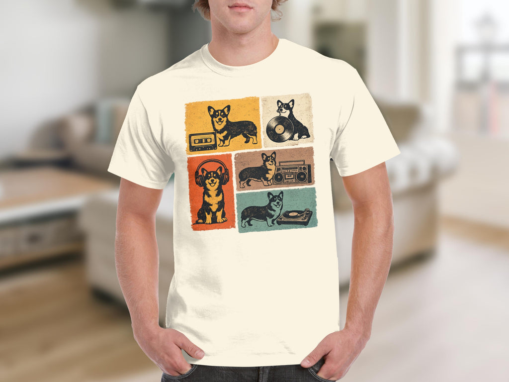 Cream t-shirt with a grid of six retro-style corgi illustrations and music items.